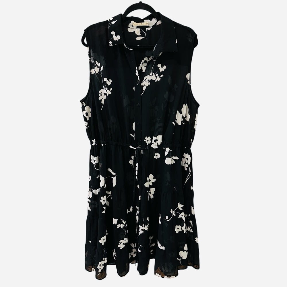 Wayward Fancies sheer sleeveless black white floral button down tiered dress